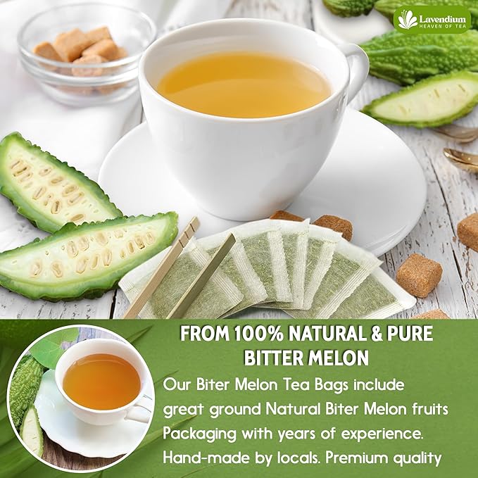 Lavendium, Premium 60 Tea Bags Bitter Melon Fruit Herbal Tea, 100% Natural and Pure, Hand-made, Made With Natural Materials-Corn Fiber Tea Bag, Sugar Free. Caffeine Free. Gluten Free. Vegan