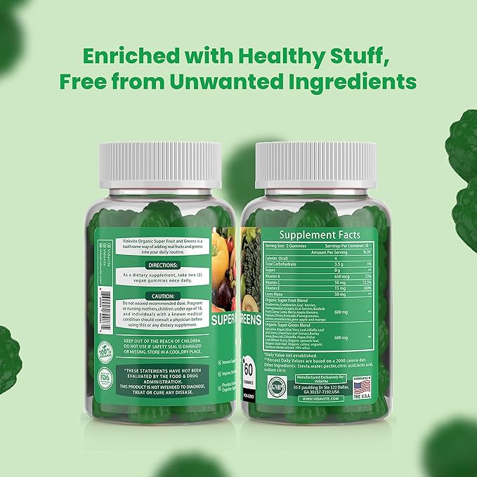 Sugar-Free Fruit and Veggie Gummies — 35+ Greens, Fruit and Vegetable Vitamins to Boost Immunity, Skin & Gut Health — Ideal Fruity Vegetable Supplement for Adults & Kids (60 Gummies)