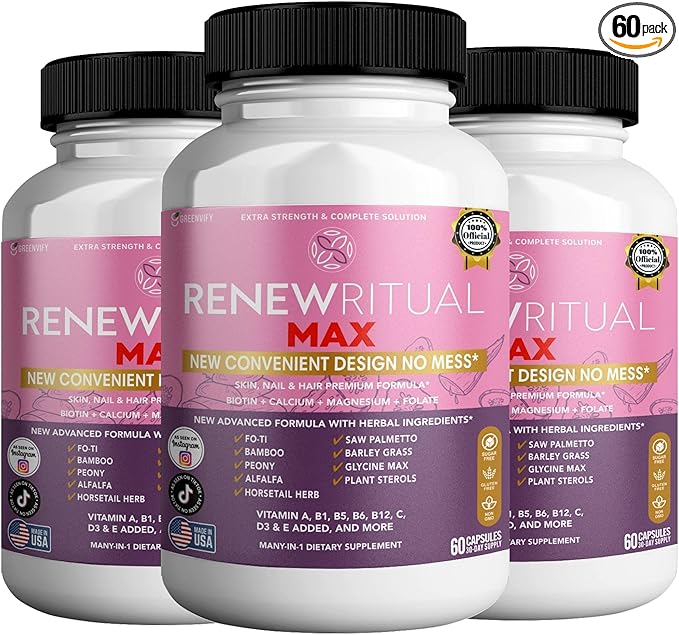 Renew Ritual Max, Hair Skin Nails Supplement, 60 Capsules, Vitamins A B C D E with Biotin (3)