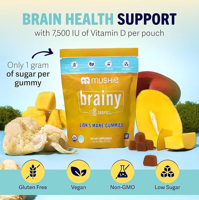 Mushie 100% Organic Lion’s Mane Mushroom Gummies - 2000mg (75mg A & B-Glucans) for Brain Health, Focus & Memory - 60 Organic Lions Mane Gummies for Adults & Kids