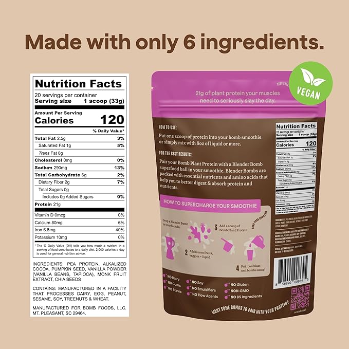 The Bomb Co. Bomb Plant Protein, Protein Powder with 21g Protein, Amino Acids, Zero Sugar, Pea Protein, Cocoa, Chia Seeds, Pumpkin Seeds, Vanilla & Monk Fruit, Gluten Free, Chocolate Flavor, 20 Srvgs