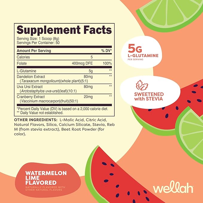 Wellah L-Glutamine Powder Watermelon Lime (50 Servings) - 5g L-Glutamine Per Serving, Sweetened with Stevia