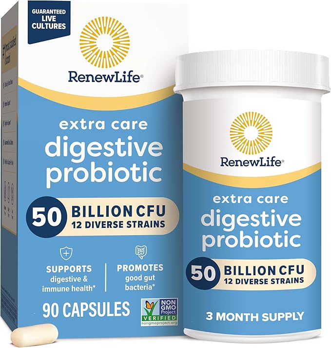 Renew Life Extra Care Digestive Probiotic Capsules, 50 Billion CFU Guaranteed, Daily Supplement Supports Immune, Digestive, Respiratory Health(1), L. Rhamnosus GG, Dairy, Soy and Gluten-Free, 90 Count