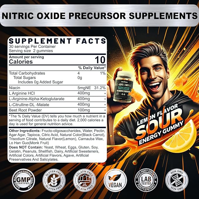 Sugar Free L Arginine Nitric Oxide Gummies 1300mg for Men & Women with L Citrulline, Beet Root, B3 | L Arginine L Citrulline Supplements | Vegan, 120 Counts