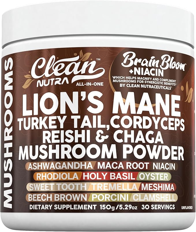 Clean Nutra Lion's Mane Turkey Tail Cordyceps Reishi Chaga Mushroom Powder + Ashwagandha Niacin Calm Stress Memory Adrenal Support Supplements Maca Rhodiola Holy Basil Apaptogen Supplement Unflavored