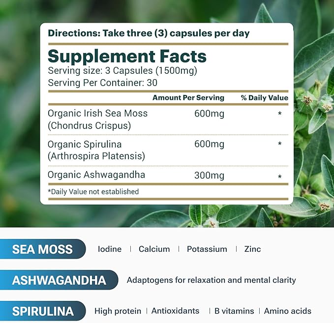 Sea Moss with Spirulina and Ashwagandha Blend Capsules, Mood, Immune Support & Stress Relief, Micro Ingredients & Antioxidants Source — Non-GMO, Vegan Superfood Supplement, 90 Count