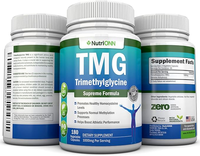 TMG Trimethylglycine Supplement - 1000mg - 180 Capsules - Premium Pure Betaine Anhydrous - Supports Normal Homocysteine & Blood Pressure Levels - Promotes Methylation Processes - Non-GMO Formula