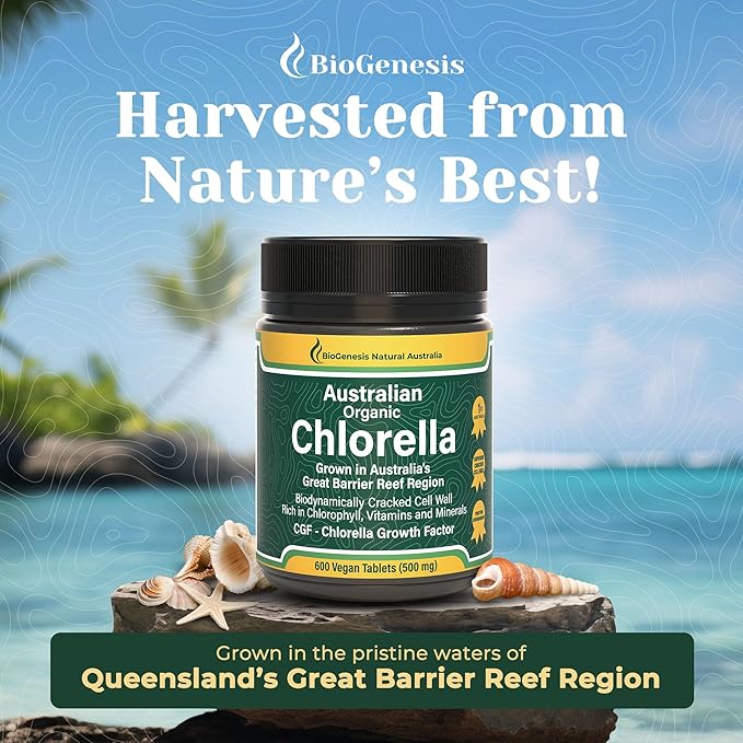 Biogenesis Organic Chlorella Tablets – 600 Count (500mg) | Australian Grown | BioDynamic Cracked Cell Wall | Rich in Chlorophyll, Vitamins & Minerals | Supports Energy & Immunity | Vegan Tablets