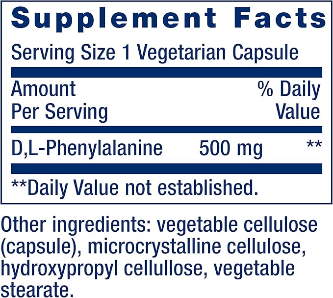 Life Extension D, L-Phenylalanine Capsules, 500 mg – Supports Mood Health, Promotes Neurotransmitter Health – Gluten-Free, Non-GMO, Vegetarian – 100 Capsules