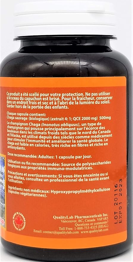 Wild Chaga Supplement 500 mg 120 vegecaps (Made in Canada)