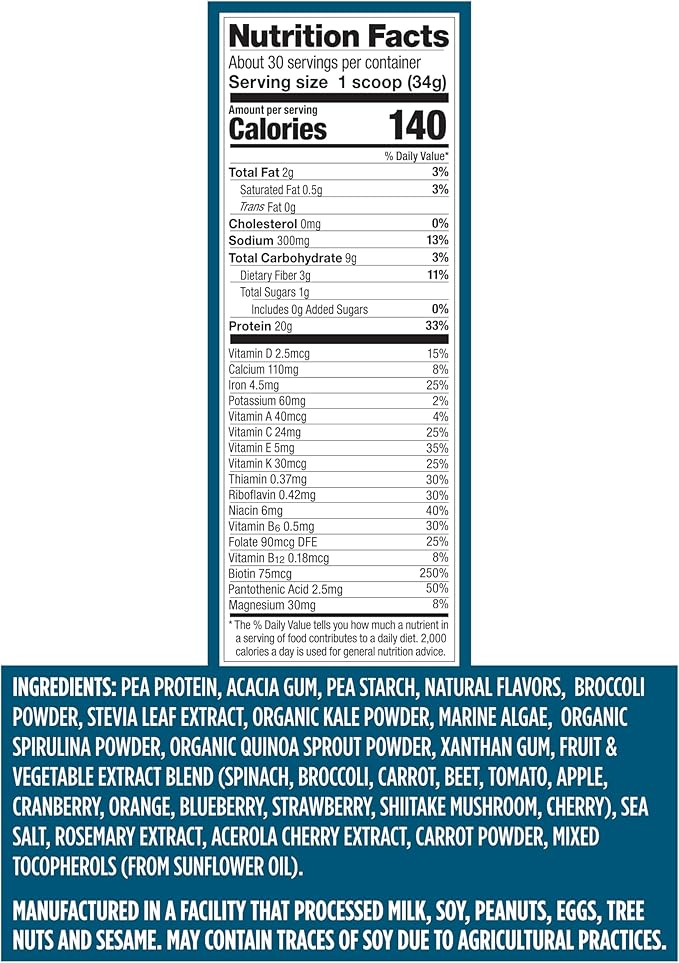 Vega Protein + Nutrition - 20g Plant-Based Pea Protein, Vanilla, 30 Servings, Vegan Keto Superfood, Antioxidant-Rich, Gluten Free, Dairy Free, Low Carb, 2.3lbs (Packaging May Vary)