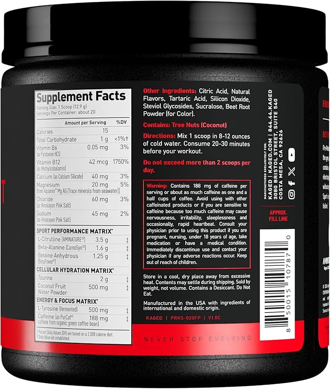 Kaged Sport Pre Workout Powder for Men & Women, Fruit Punch, Sport Certified, 188mg Caffeine, Nitric Oxide Supplement, Beta Alanine for Energy, Weightlifting, Cardio Endurance & Strength, 20 Servings