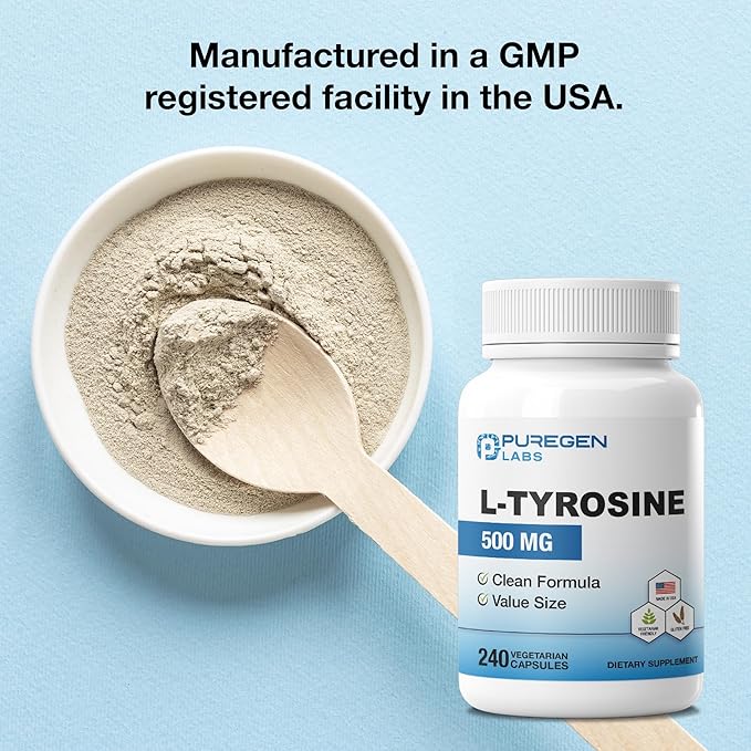 Puregen Labs L-Tyrosine 500 mg, Total - 480 Vegetable Capsules | No Harmful Additives | Brain & Nervous System Support, Non-GMO, Vegan, Gluten Free, Dairy Free - 480 Servings - Made in USA