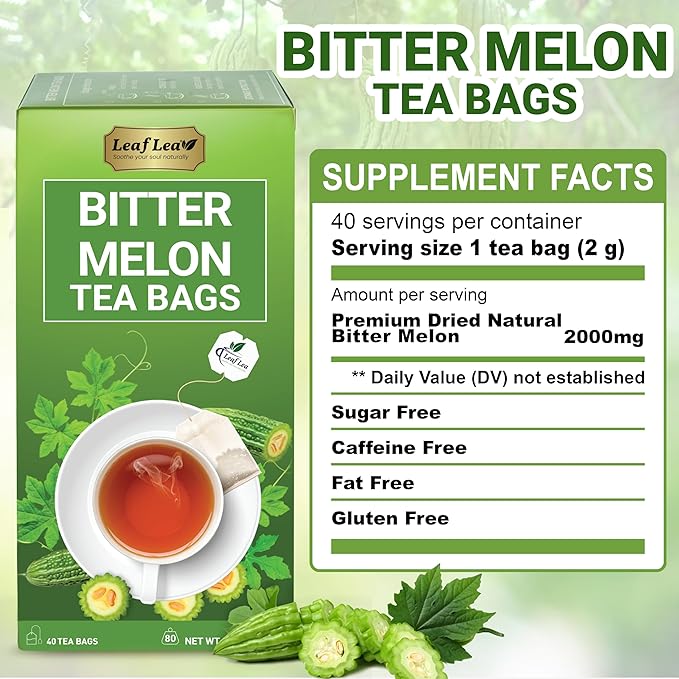 LeafLea Natural Bitter Melon Tea Bags, 40 Cundeamor Herbal Tea Bags – Melon Amargo Gohyah Fruit Tea | Wellness & Digestion Support | Caffeine-Free, Non-GMO, Sugar-Free, Vegan