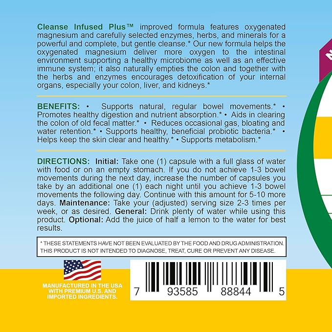 Life Infused Cleanse Infused Plus - Premium Natural Colon Cleanser with Oxygenated Magnesium, Herbs, and Enzymes, Helps Relieve Constipation Gently, Detoxifies Blood, Colon, Liver & Kidneys (90 Caps)
