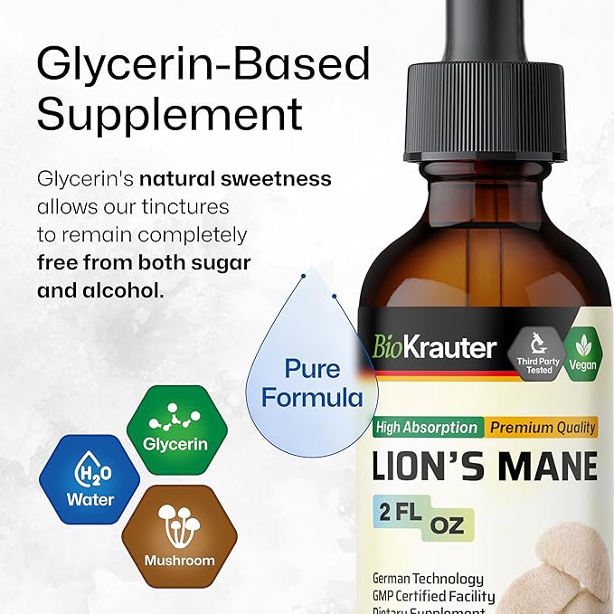 BIO KRAUTER Lions Mane Liquid Extract - Mushroom Supplement for Brain Support - Vegan Lions Mane Supplement - Alcohol & Sugar Free Drops - 2 Fl.Oz.