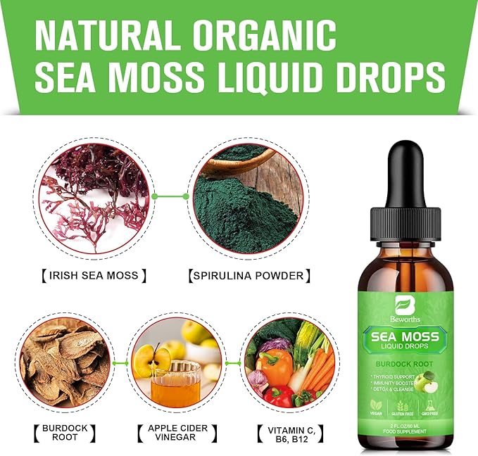 Sea Moss Liquid Drops - Organic Irish Sea Moss Gel with Burdock Root, ACV, Vitamin C, B12, Seamoss Gel Supplement for Boost Defense System, Detox Cleanse & Digestive Support - 2 Fl Oz