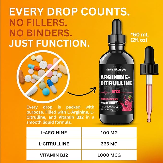 L-Arginine + L-Citrulline Liquid Drops with Vitamin B12 – Citrus Berry Flavor, 2 fl oz (60 ml) - Fast Absorption, Easy-to-Use