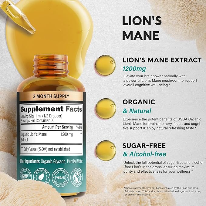Lions Mane Liquid - USDA Certified Organic Lions Mane Supplement - Brain Support, Energy, Memory & Focus - Sugar & Alcohol-Free Lions Mane Mushroom Extract 72,000 mg / Bottle - 2 Fl OZ, 2 Month Supply