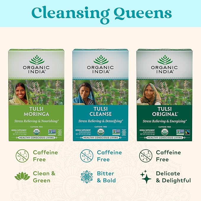 Organic India Tulsi Cleanse Herbal Tea - Holy Basil, Stress Relieving & Detoxifying, Immune Support, Adaptogen, Vegan, USDA Certified Organic, Non-GMO, Caffeine-Free - 18 Infusion Bags, 1 Pack