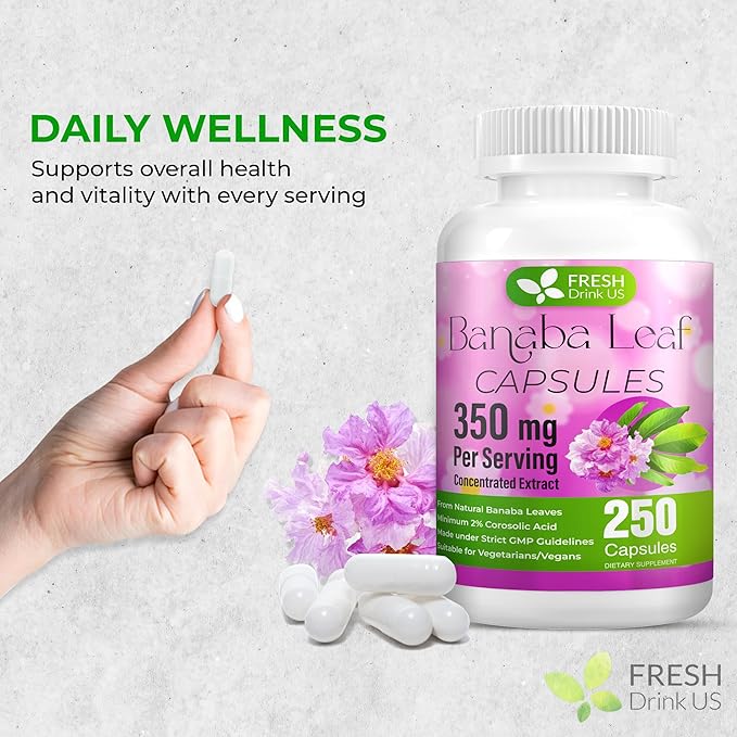 FRESHDRINKUS, 250 Banaba Capsules| High Potency Standardized| 100% from Natural Banaba Leaves Extract| 350mg per Capsule| 350mg per Serving| 250 Days Supply| Vegan Capsules| Non-GMO, Gluten-Free