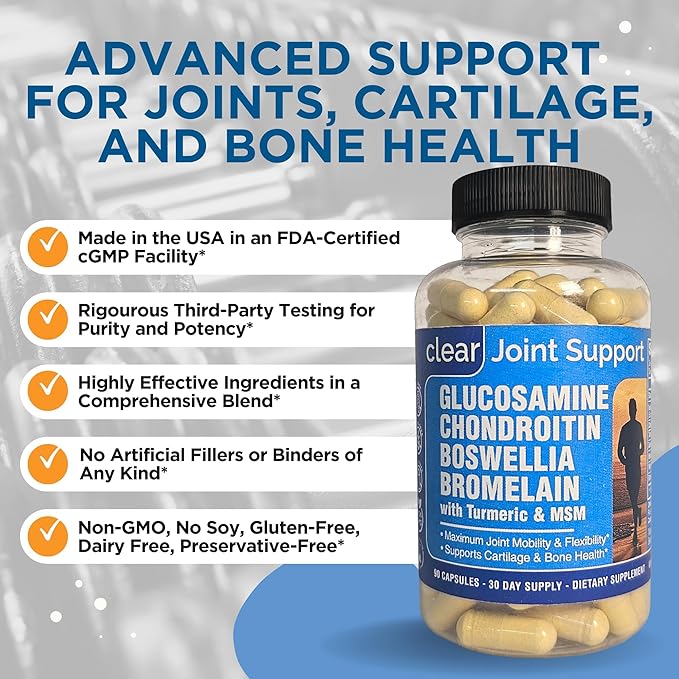 Glucosamine Chondroitin MSM with Turmeric 180 Capsules - Joint Supplements for Women & Men – with Boswellia, Quercetin – Clear Joint Support Supplement for Flexibility, Mobility, Cartilage Repair