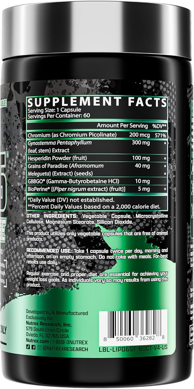 Nutrex Research LIPO SIX Stim-Free Metabolism & Appetite Support Supplement – Reduce Hunger | Non-Stimulant Weight Management Supplement for Women and Men – 60 Servings