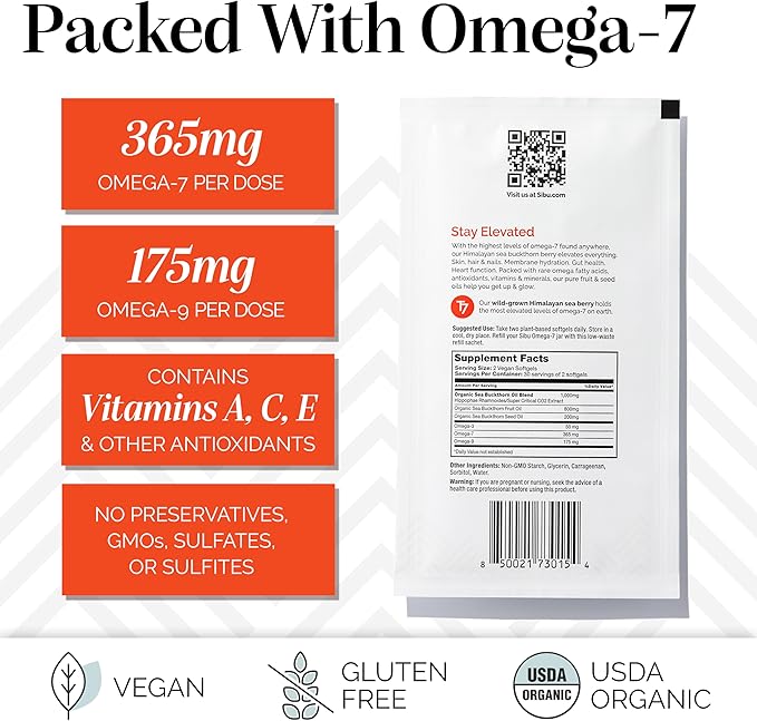 sibu Sea Buckthorn Omega-7 Softgels (60-Day Refill Sachet) – Supplement for Healthy Skin, Hair, Nails and Dryness