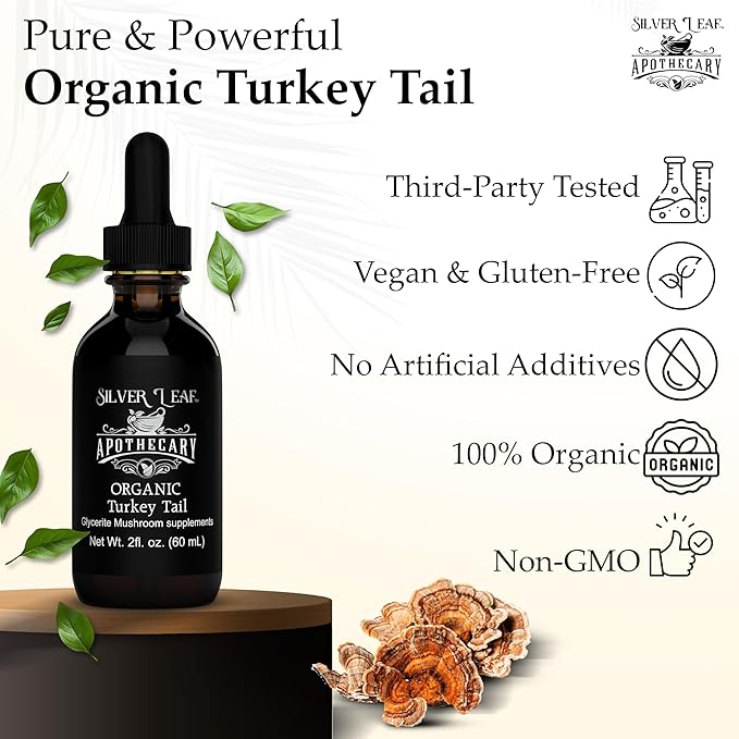 Silverleaf Apothecary Organic Triple-Extracted Turkey Tail Tincture Mushroom Supplement for Immune Support, Gastrointestinal & Gut Microbiome Wellness - 2 Fl Oz (60ml)