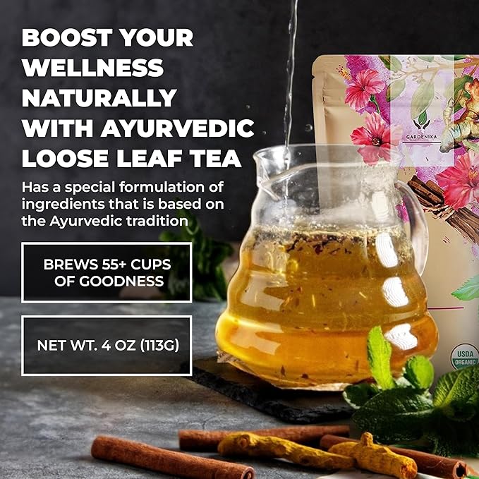 Gardenika Organic Serenity Glow Loose Leaf Tea, Herbal, Caffeine-Free, KSA Kosher, Ayurvedic Wellness Blend with Tulsi, Rooibos, Turmeric, Hibiscus – 4 oz (1 Pack)