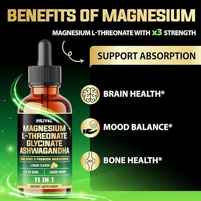 10in1 Magnesium L-Threonate Liquid Drops with Magnesium Glycinate, Ashwagandha, Vitamin D3, C, B6 & 4 Other Ingredients - 2 Fl Oz - Lemon Flavor