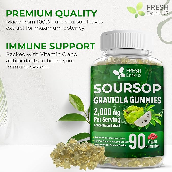 FRESHDRINKUS, Premium 90 Soursop Graviola Gummies, 2000mg per Serving, 45 Days Supply – 100% from Natural Soursop Graviola Leaves Extract, Vegan, Non-GMO, Gluten-Free (90 Gummies)