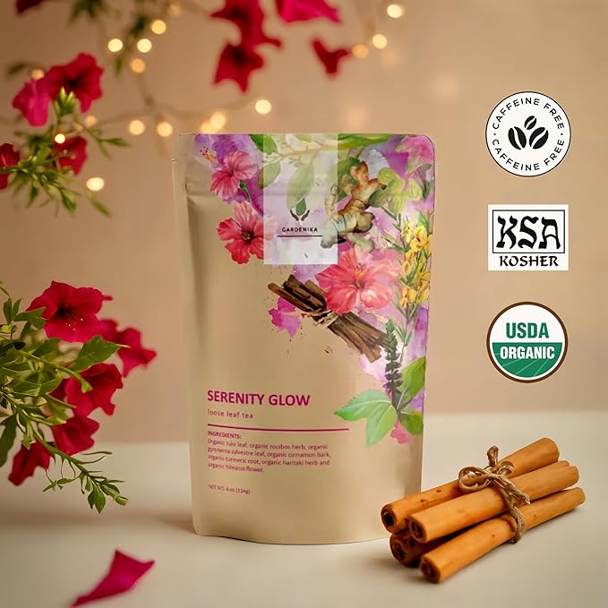 Gardenika Organic Serenity Glow Loose Leaf Tea, Herbal, Caffeine-Free, KSA Kosher, Ayurvedic Wellness Blend with Tulsi, Rooibos, Turmeric, Hibiscus – 4 oz (1 Pack)