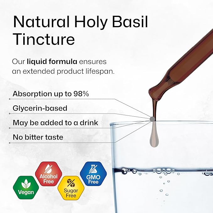 BIO KRAUTER Holy Basil Tincture - Tulsi Powder Liquid Extract - Supports Calmness and Relaxation - Ursolic Acid Supplement - Alcohol and Sugar Free Holy Basil Extract - Vegan Drops 4 Fl.Oz.