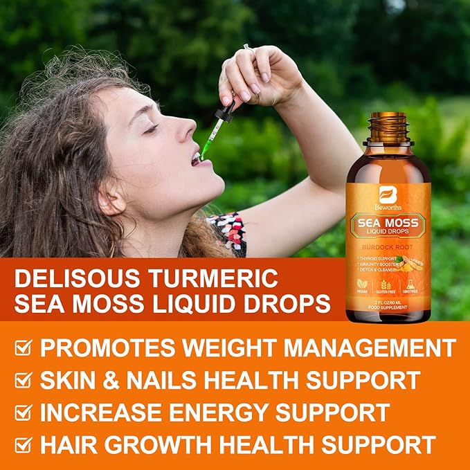 Sea Moss Liquid Drops - Organic Irish Sea Moss Raw Gel with Burdock Root, Tumeric, Spirulina, Seaweed Moss Gel Supplement for Gut Health & Antioxidant Supports - 2 Fl Oz