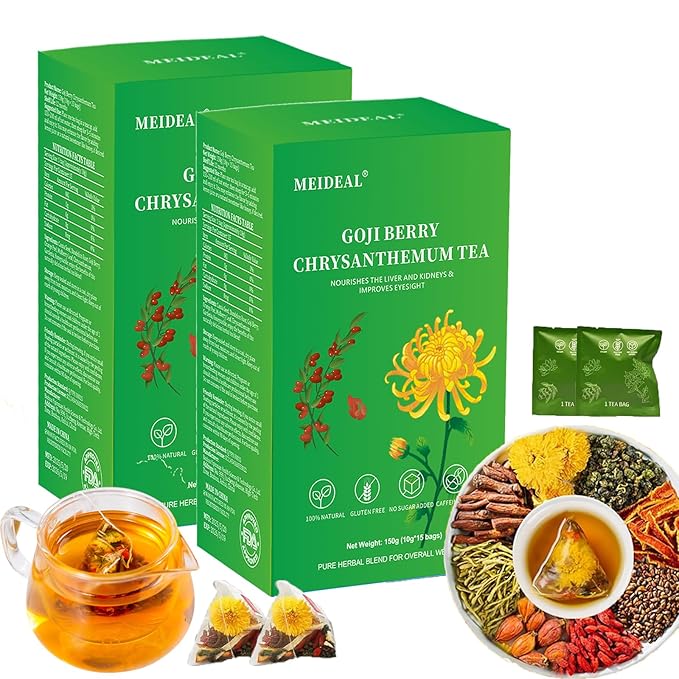 Goji Berry Chrysanthemum Tea for Liver Health, 8 Excellent Natural Herbal Formulas, Dandelion Wolfberry Tea Bags for Liver Detox, Vegan, No Sugar, No Caffeine (2 Boxes (30 bags*10g)