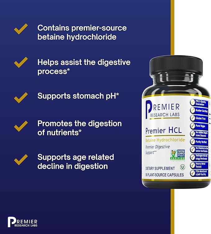 Premier Research Labs Premier HCL - Betaine HCL, Betaine Hydrochloride Supplement for Optimal Digestive Function, Nutrient Absorption, Betaine-HCL for Low Stomach Acid- 90 Vegetarian Capsules