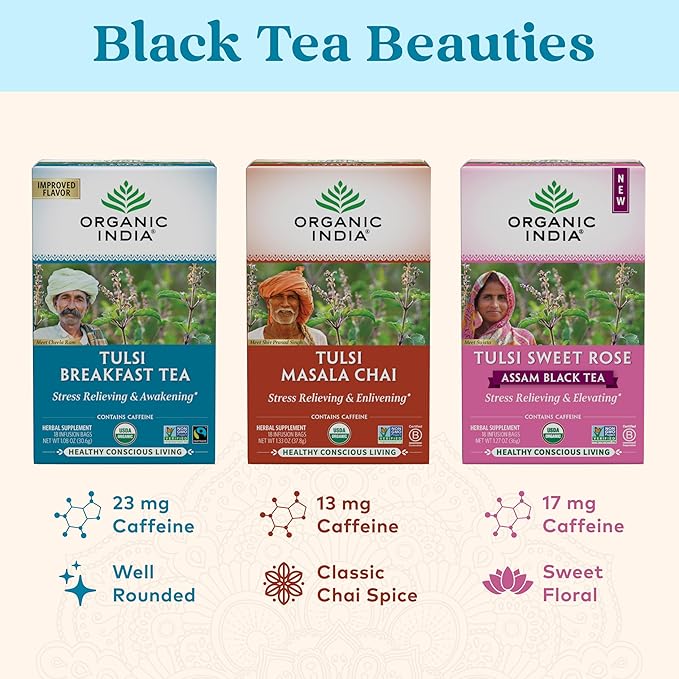 Organic India Tulsi Breakfast Herbal Tea - Holy Basil, Stress Relieving & Awakening, Immune Support, Adaptogen, Vegan, USDA Certified Organic, Non-GMO, Caffeinated - 18 Infusion Bags, 1 Pack
