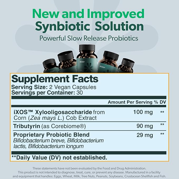 BIOMA Probiotics - Digestive Health Probiotic - Gut Support for Men & Women with Xylooligosaccharides, Tributyrin & Bifidobacterium - Vegan & Gluten Free - 60 Delayed-Release Capsules (30-Day Supply)