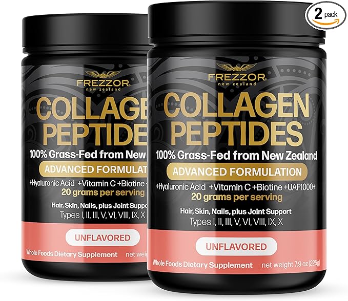 FREZZOR Collagen Peptides Powder, Fine Lines & Wrinkles, Hair & Nails, Supports Youthful Flexibility & Mobility, 100% New Zealand Hydrolyzed Beef Bone Collagen, Unflavored 450g 2 Jars