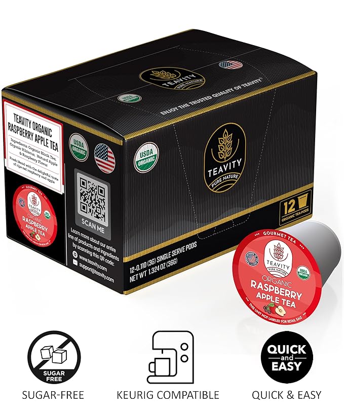 Organic Raspberry Apple Black Tea Pods for Keurig - Naturally Caffeinated Fruit Tea by Teavity (24 Tea Pods)