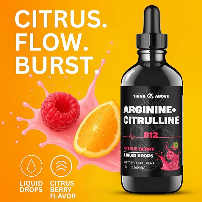 L-Arginine + L-Citrulline Liquid Drops with Vitamin B12 – Citrus Berry Flavor, 2 fl oz (60 ml) - Fast Absorption, Easy-to-Use