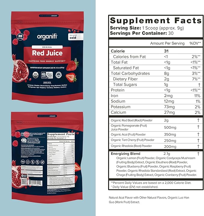 Organifi Red Juice - Energy Powder Reduces Afternoon Crashes and Boosts Digestion and Immune System, 90 Servings