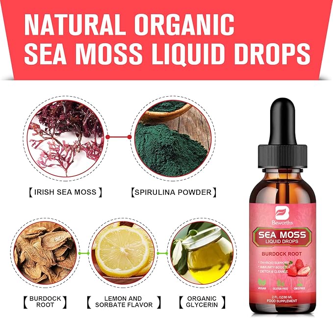 Sea Moss Liquid Drops - Organic Irish Sea Moss Gel with Spirulina, Bladderwrack, Burdock Root, Seamoss Gel Supplement for Joint, Gut Cleanse & Digestion Support - 2 Fl Oz, Vegan