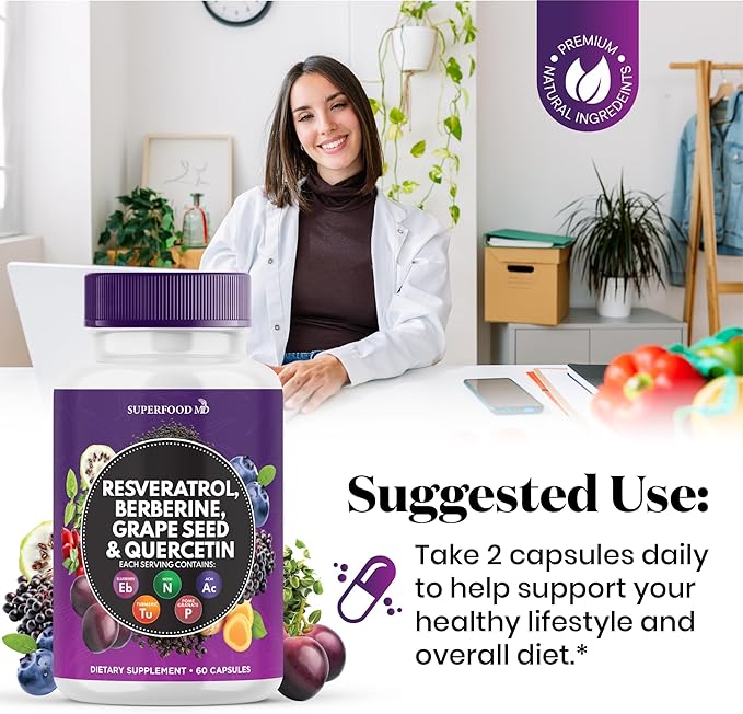 Resveratrol Berberine Grape Seed Extract Quercetin - Polyphenol Supplement with Noni Extract, N-Acetyl Cysteine, Acai Extract - Made in The USA - 120 Capsules