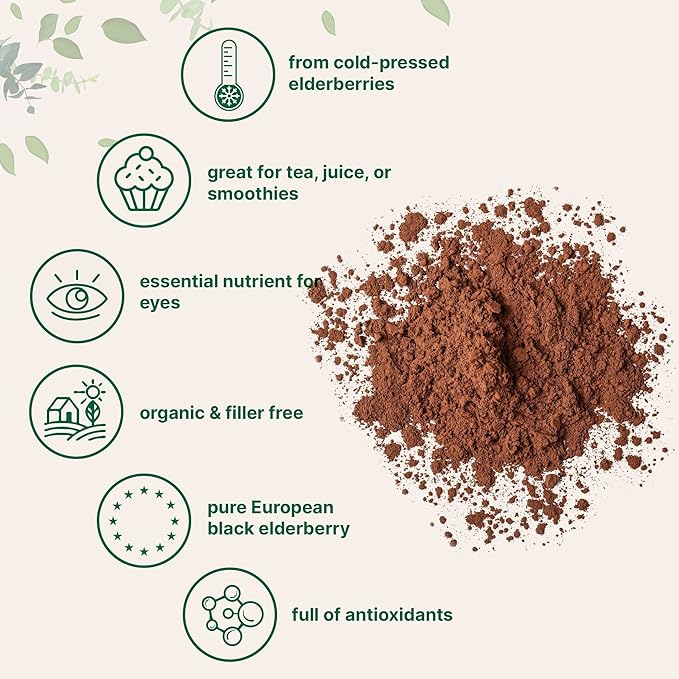 Organic Elderberry Juice Powder, 4oz | 100% Natural Fruit Powder | Cold Pressed European Elderberries | No Sugar & Additives | Great Flavor for Drinks, Smoothie, & Beverages | Non-GMO & Vegan