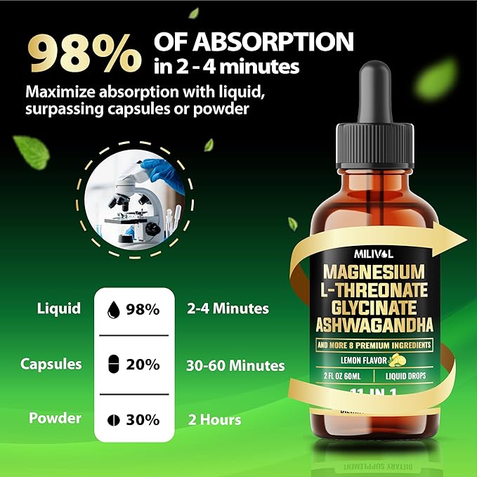 10in1 Magnesium L-Threonate Liquid Drops with Magnesium Glycinate, Ashwagandha, Vitamin D3, C, B6 & 4 Other Ingredients - 2 Fl Oz - Lemon Flavor