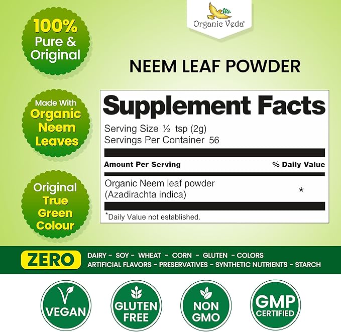 Organic Veda Neem Leaf Powder - Gentle Dried Organic Neem Leaves Powder - Herbal Supplement for Skin, Gut Cleanse & Immune Support - Non-GMO, Gluten-Free, Vegan – 4 oz