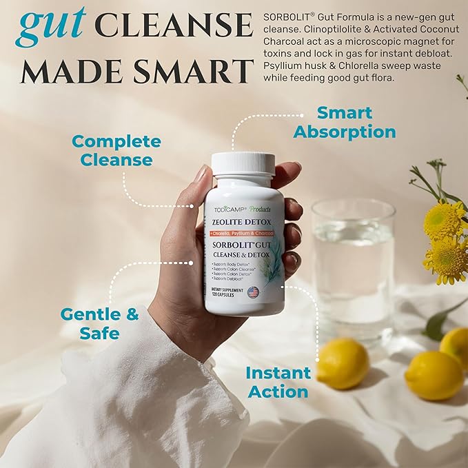 SORBOLIT Colon Cleanse Formula - Zeolite Detox, Chlorella, Activated Charcoal & Psyllium Husk Fiber Debloat Formula for Gut Health, Gut Cleanse, Colon Detox & Digestive Balance – 120 Vegan Capsules
