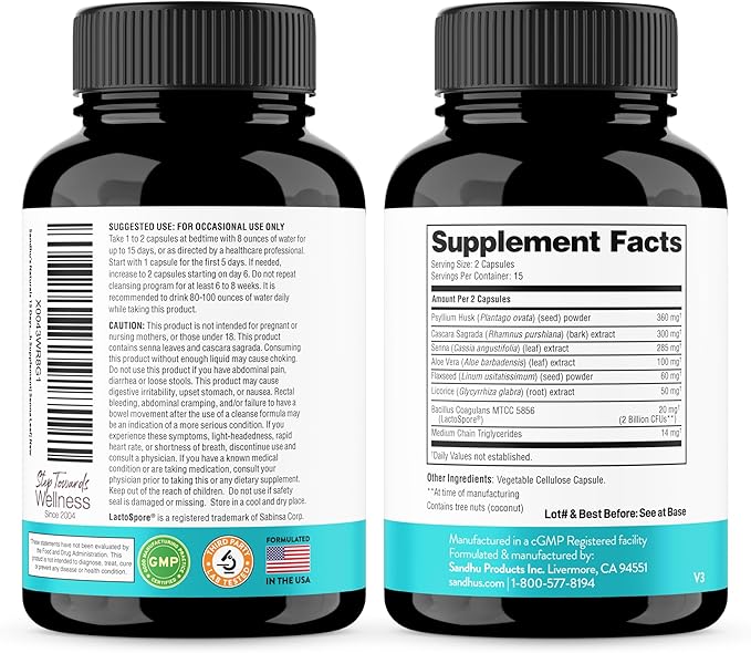 Sandhu's 15 Day Gut Cleanse Colon Detox for Women & Men| Supports Colon Cleansing & Digestive Health| Senna, Cascara Sagrada, Psyllium Husk & Probiotics| 30 Capsules Dietary Supplement,15 Days Supply